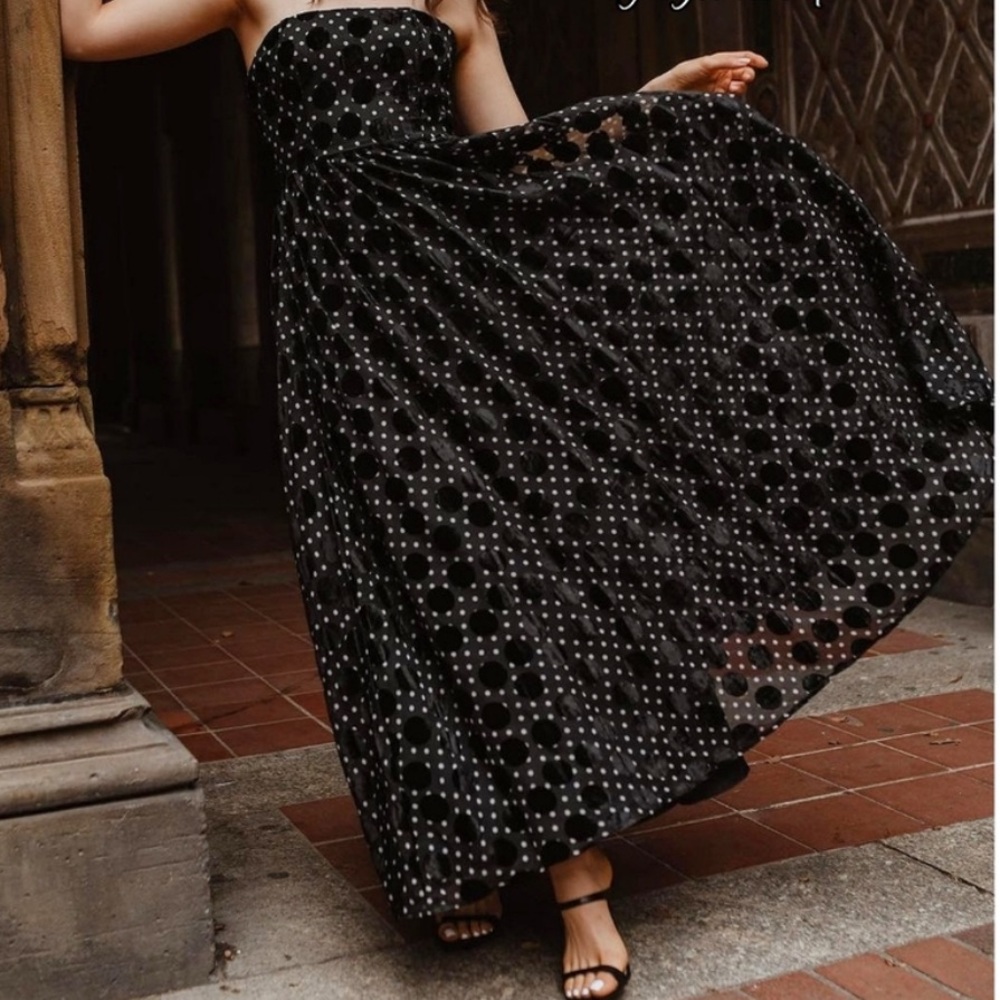 Anthropologie Hutch NWT Velvet Maxi Dress Size 4 Black White Polka Dot Strapless - Picture 6 of 16